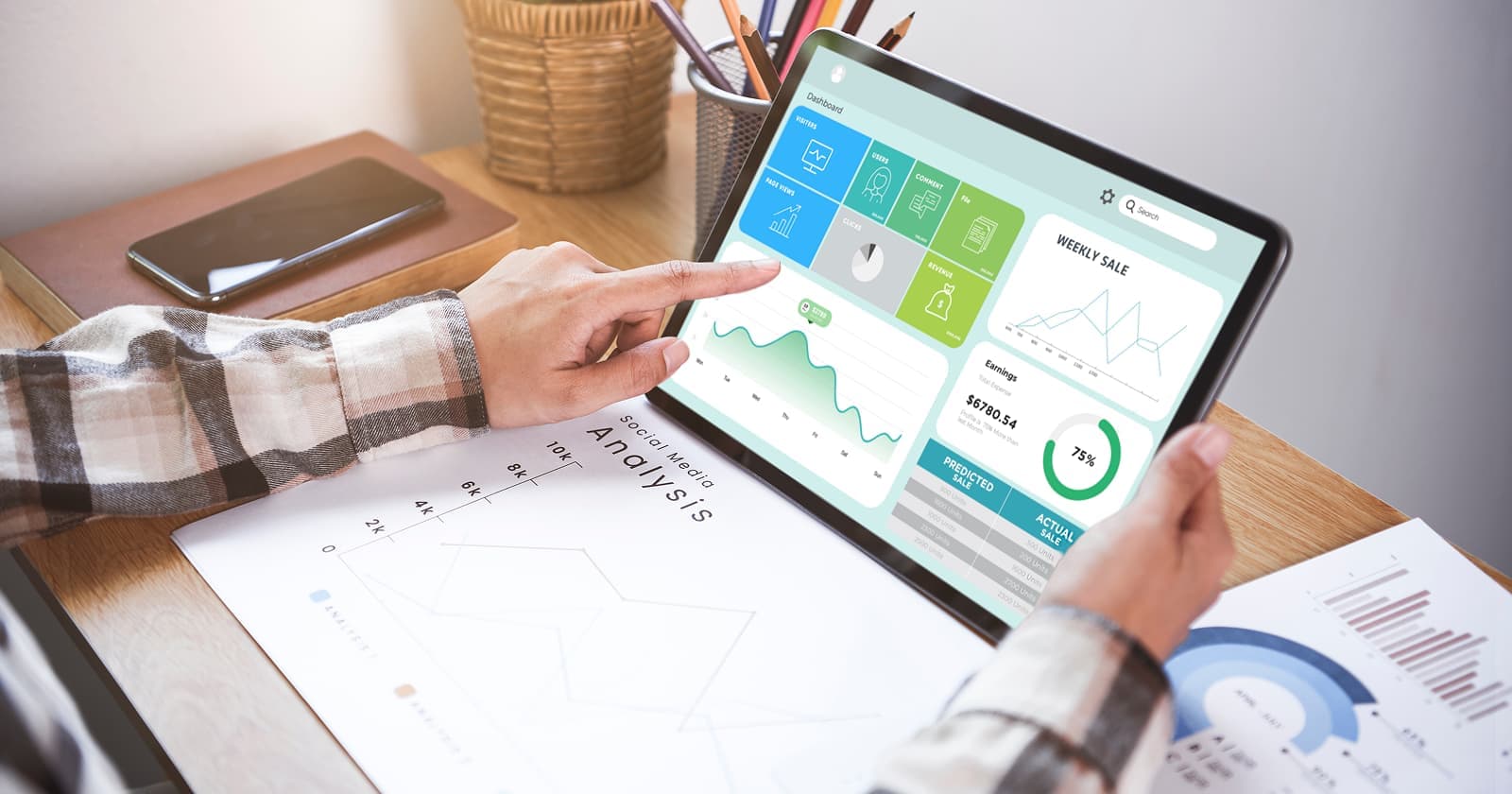 Analyzing business dashboard data on a tablet