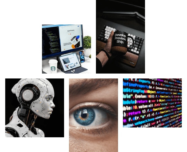Collage representing Vibrant Logics' technology capabilities: product design, development, AI, and code